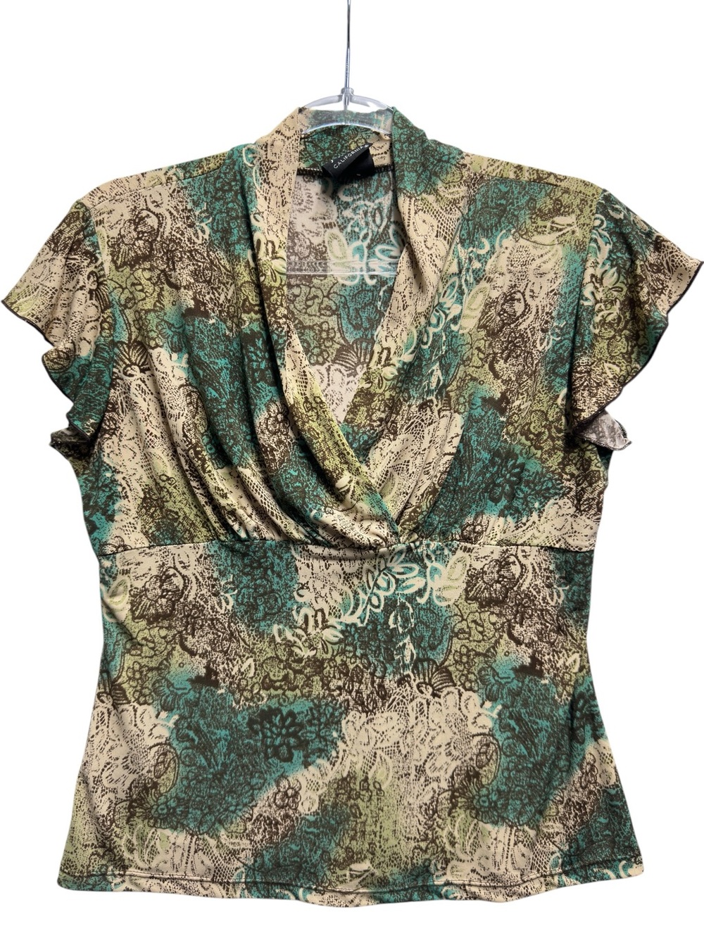 Silky Liquid Knit Abstract Art Floral Shawl Cowl Ruched Surplice Blouse Top